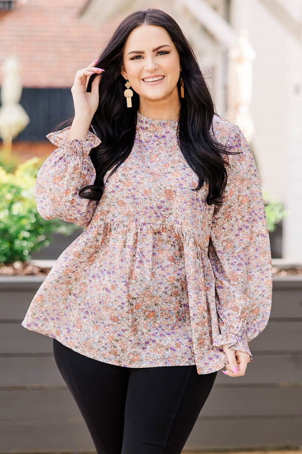 Chic Soul Plus size clothing, Rust color flowy blouse with long sleeves, high neck and purple floral print