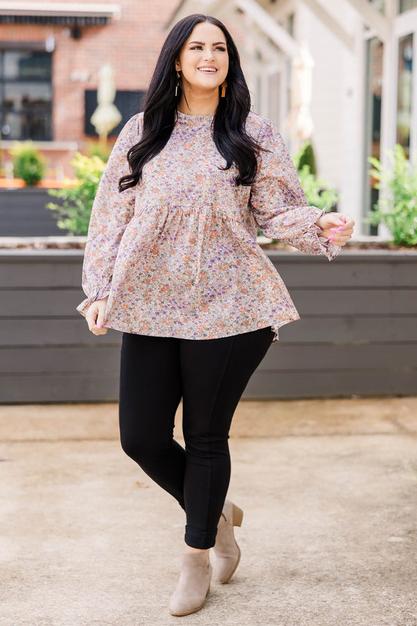 Chic Soul Plus size clothing, Rust color flowy blouse with long sleeves, high neck and purple floral print