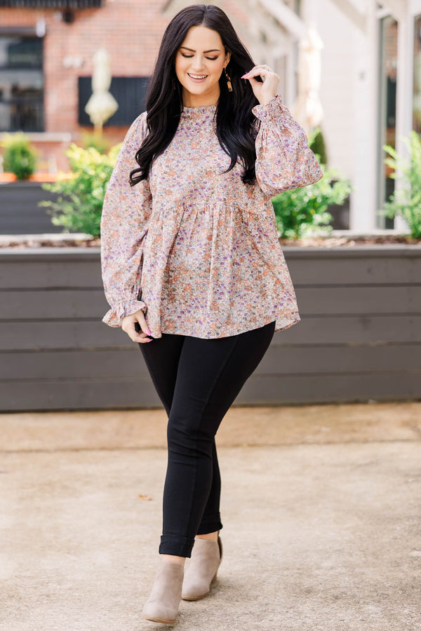 Chic Soul Plus size clothing, Rust color flowy blouse with long sleeves, high neck and purple floral print