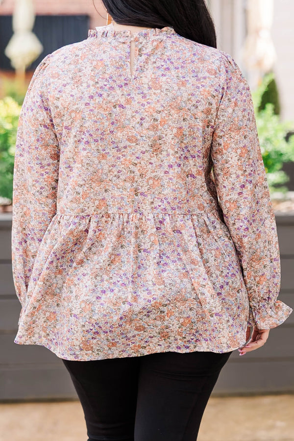 Chic Soul Plus size clothing, Rust color flowy blouse with long sleeves, high neck and purple floral print