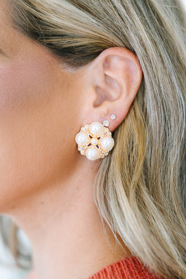 Gold Marigold Muse floral earrings with pearls and crystal studs.