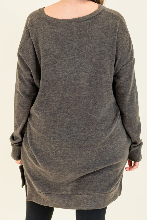 Chic Soul plus size clothing, charcoal long sleeve tunic with cuffed sleeves and slits on each side at the bottom with band along bottom with v neckline