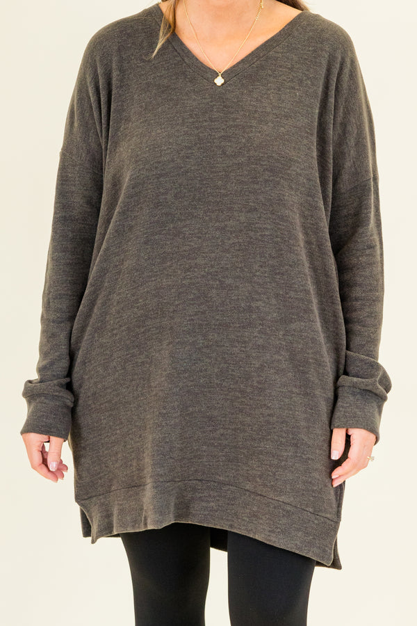 Chic Soul plus size clothing, charcoal long sleeve tunic with cuffed sleeves and slits on each side at the bottom with band along bottom with v neckline
