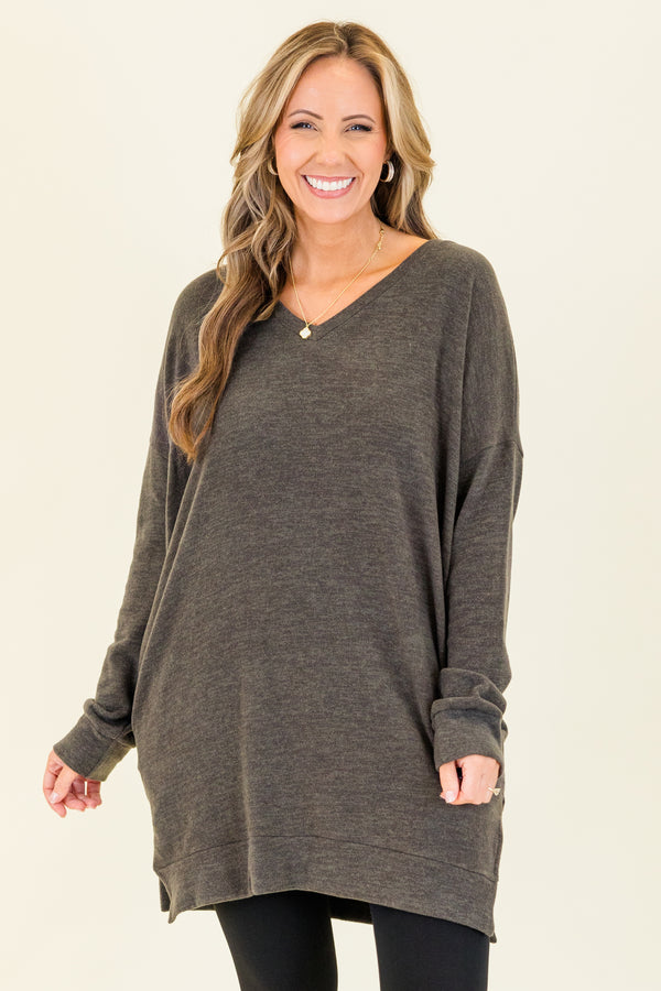 Chic Soul plus size clothing, charcoal long sleeve tunic with cuffed sleeves and slits on each side at the bottom with band along bottom with v neckline