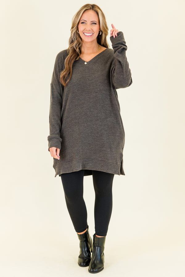 Chic Soul plus size clothing, charcoal long sleeve tunic with cuffed sleeves and slits on each side at the bottom with band along bottom with v neckline