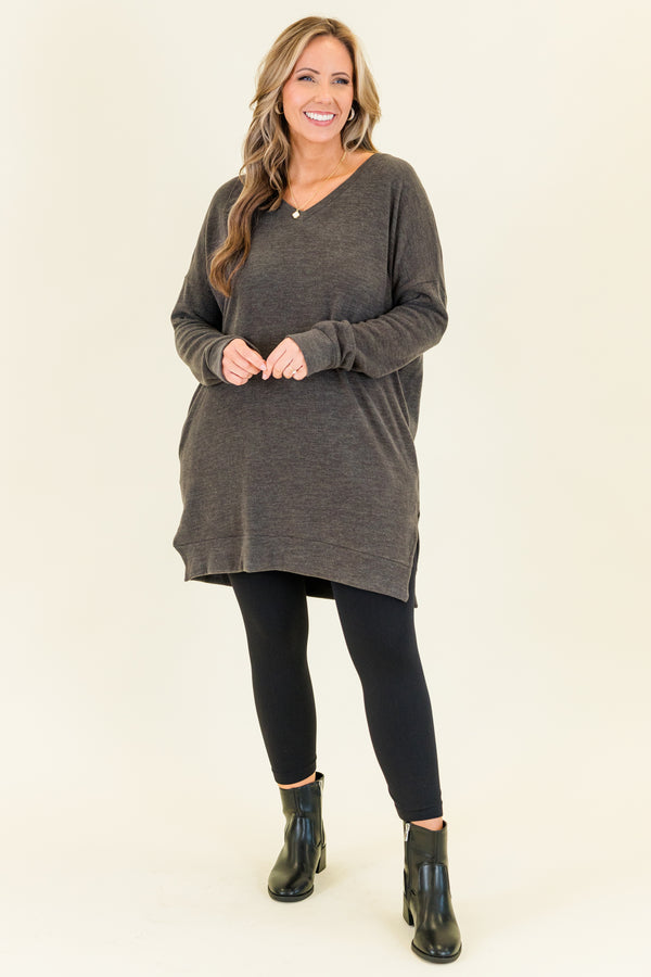 Chic Soul plus size clothing, charcoal long sleeve tunic with cuffed sleeves and slits on each side at the bottom with band along bottom with v neckline