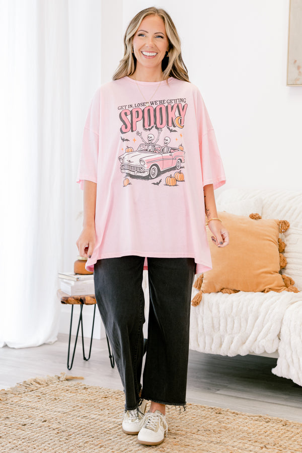 Chic Soul plus size clothing, dusty pink short sleeve boyfriend tee with text 