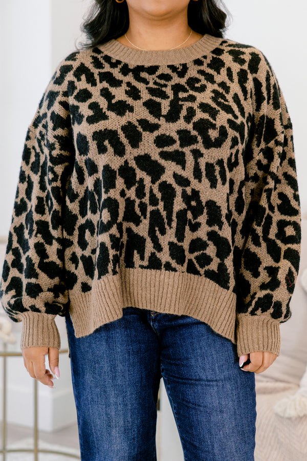 Chic Soul plus size clothing, brown and black leopard print long sleeve sweater 