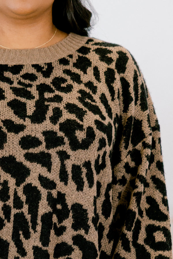 Chic Soul plus size clothing, brown and black leopard print long sleeve sweater 
