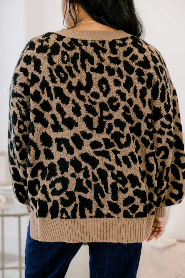 Chic Soul plus size clothing, brown and black leopard print long sleeve sweater 