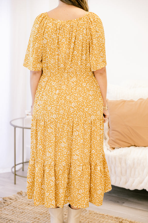 Chic Soul plus size clothing, yellow short flutter sleeve tiered midi dress with small white floral print and a square neckline 
