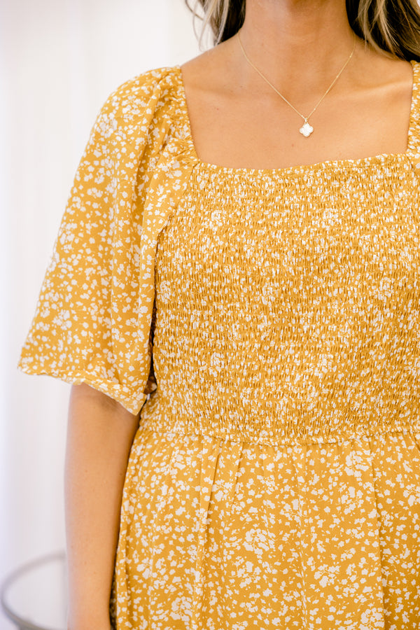 Chic Soul plus size clothing, yellow short flutter sleeve tiered midi dress with small white floral print and a square neckline 
