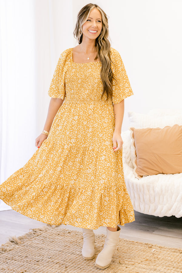 Chic Soul plus size clothing, yellow short flutter sleeve tiered midi dress with small white floral print and a square neckline 
