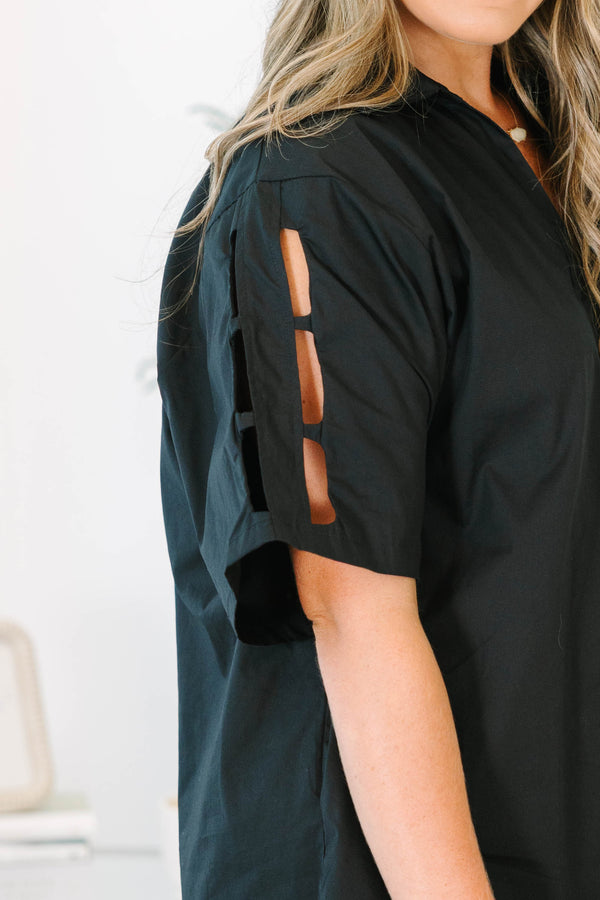 Plus Size black 100% cotton top with a V-neckline, collar, and oversized short sleeves.
