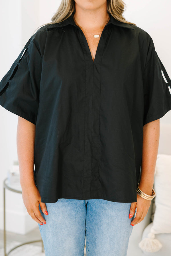 Plus Size black 100% cotton top with a V-neckline, collar, and oversized short sleeves.