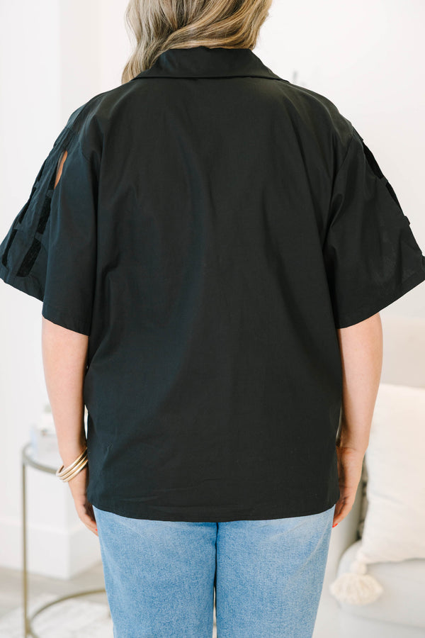 Plus Size black 100% cotton top with a V-neckline, collar, and oversized short sleeves.