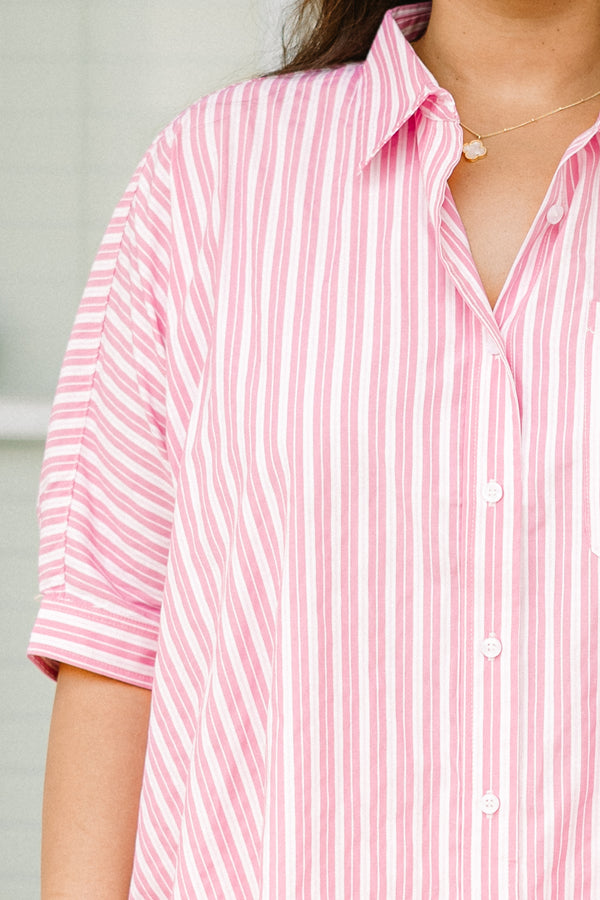 Chic Soul plus size clothing, pink and white stripe button down collared  short sleeve top
