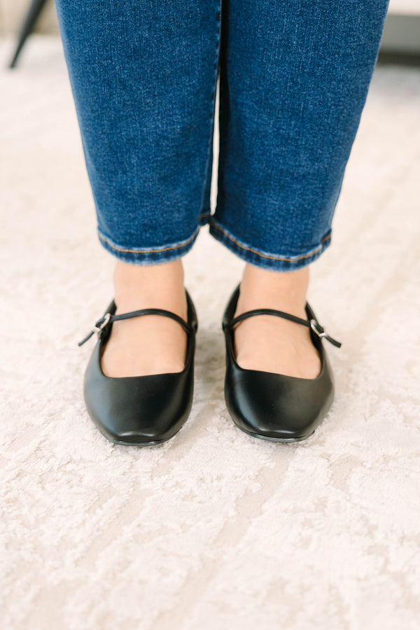 black square toe Mary Jane flats with adjustable buckle straps