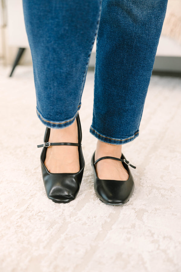black square toe Mary Jane flats with adjustable buckle straps