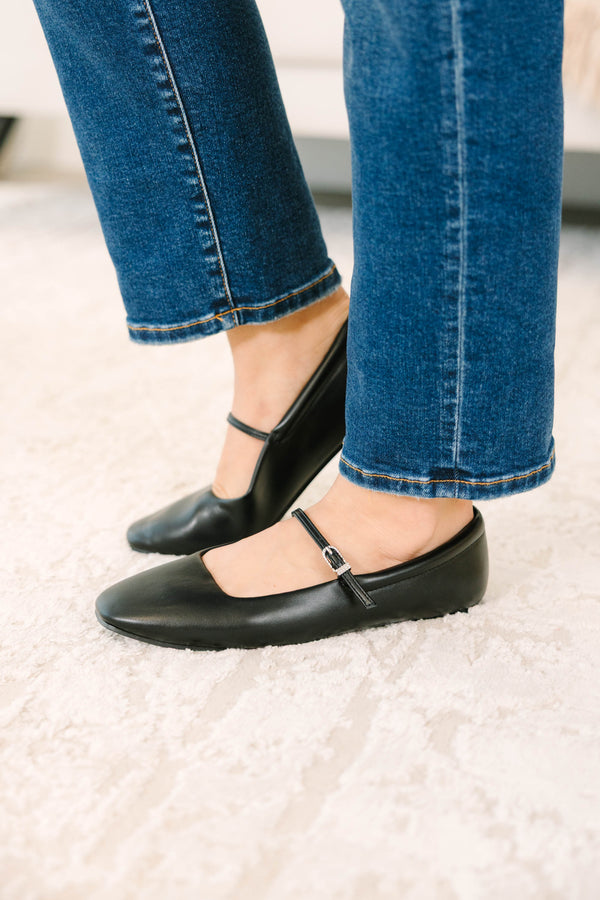black square toe Mary Jane flats with adjustable buckle straps