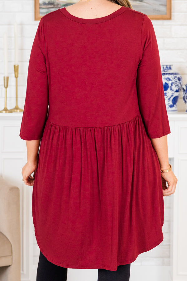 Chic Soul plus size clothing, burgundy three quarter length sleeve babydoll top with round neckline with high low detail in back with buttons on chest