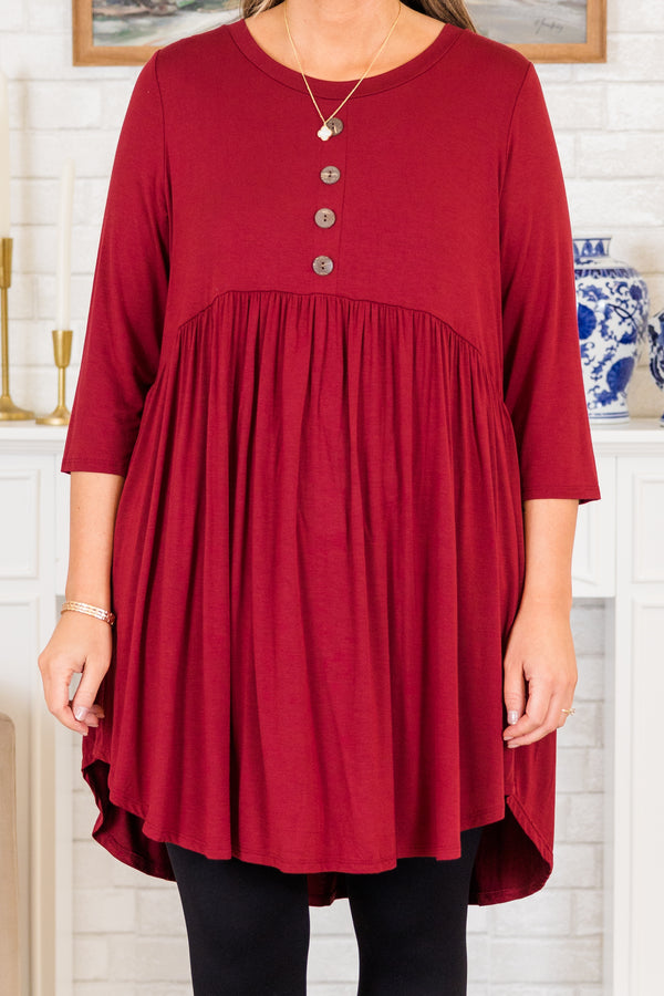 Chic Soul plus size clothing, burgundy three quarter length sleeve babydoll top with round neckline with high low detail in back with buttons on chest