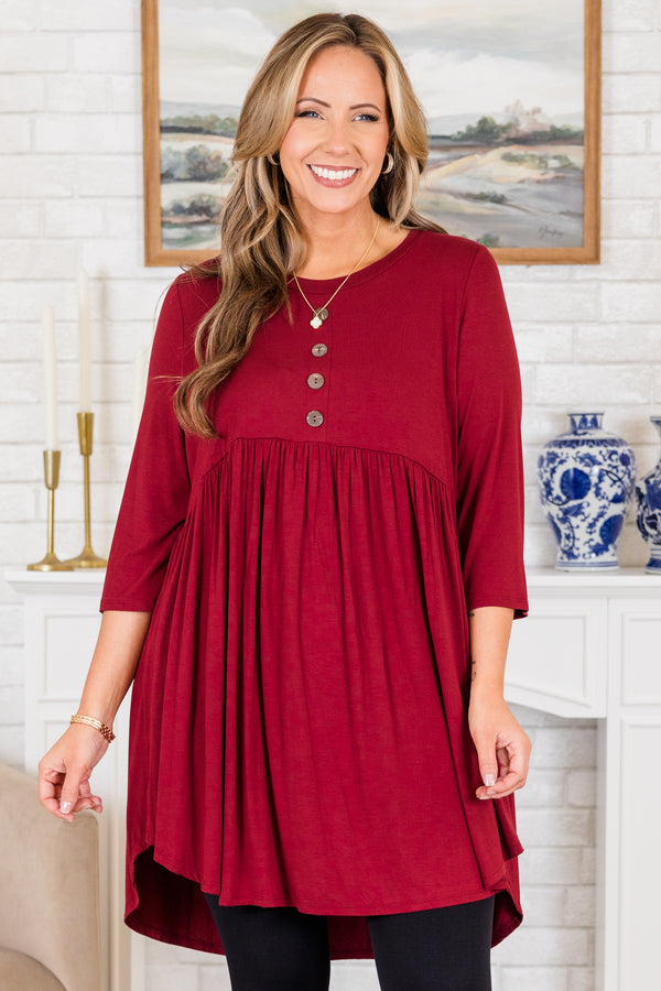 Chic Soul plus size clothing, burgundy three quarter length sleeve babydoll top with round neckline with high low detail in back with buttons on chest