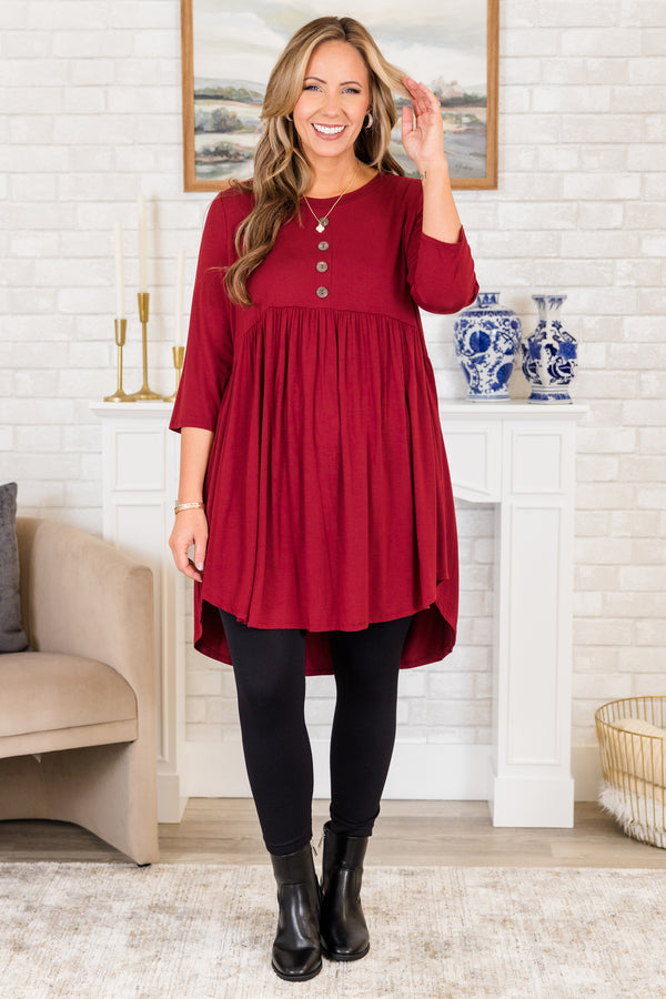 Chic Soul plus size clothing, burgundy three quarter length sleeve babydoll top with round neckline with high low detail in back with buttons on chest
