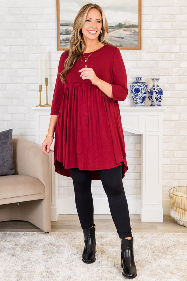 Chic Soul plus size clothing, burgundy three quarter length sleeve babydoll top with round neckline with high low detail in back with buttons on chest