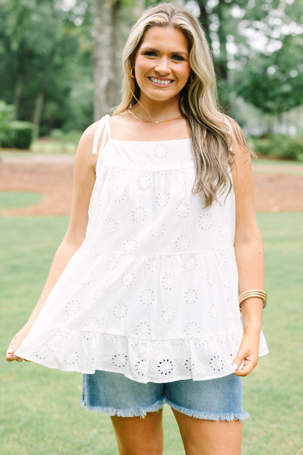 Chic Soul plus size clothing, white babydoll style tank with eyelet lace pattern and tie straps