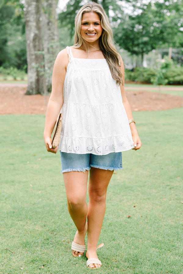 Chic Soul plus size clothing, white babydoll style tank with eyelet lace pattern and tie straps