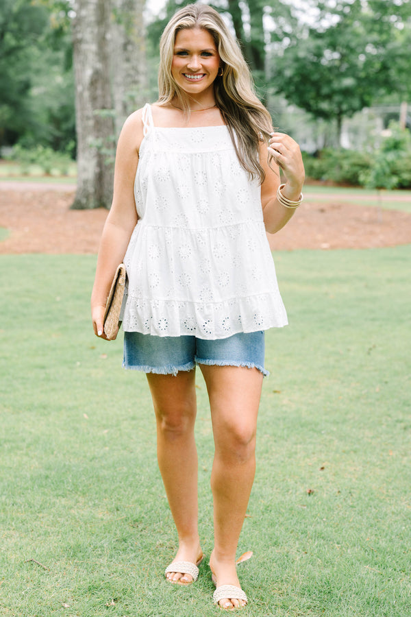 Chic Soul plus size clothing, white babydoll style tank with eyelet lace pattern and tie straps