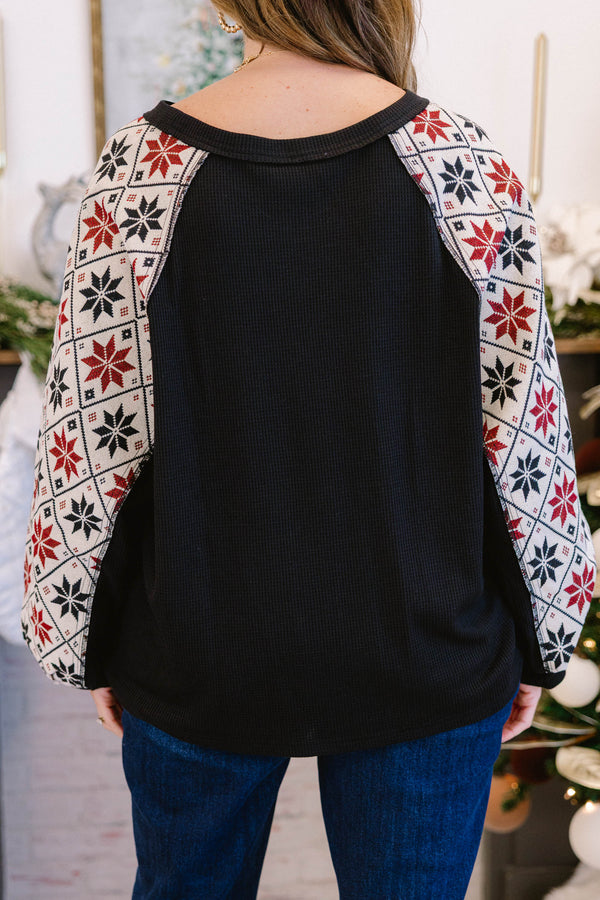 Chic Soul plus size clothing, black long sleeve top with cream sleeves with dark red and black snowflake pattern
