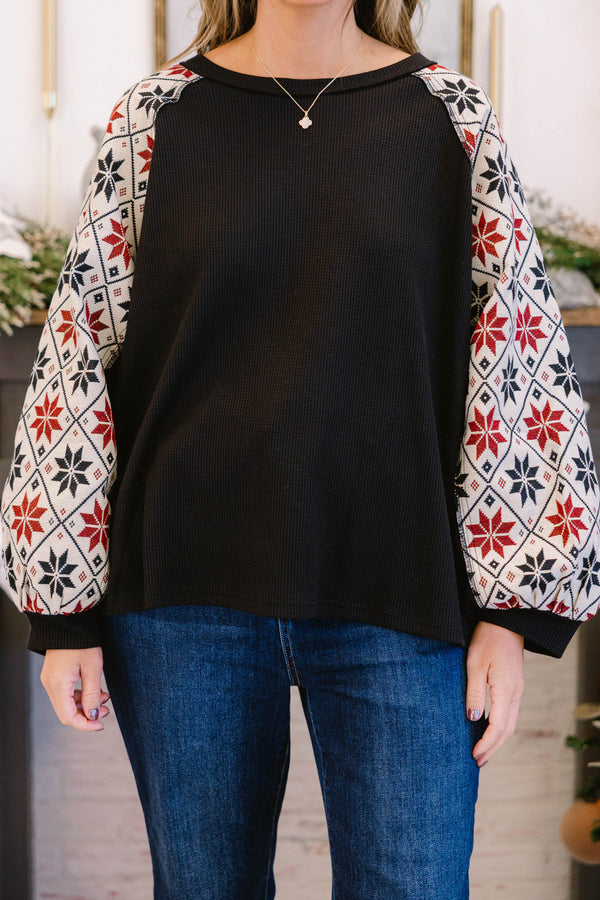 Chic Soul plus size clothing, black long sleeve top with cream sleeves with dark red and black snowflake pattern
