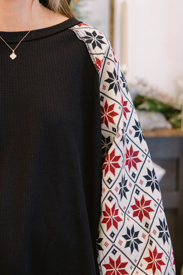 Chic Soul plus size clothing, black long sleeve top with cream sleeves with dark red and black snowflake pattern
