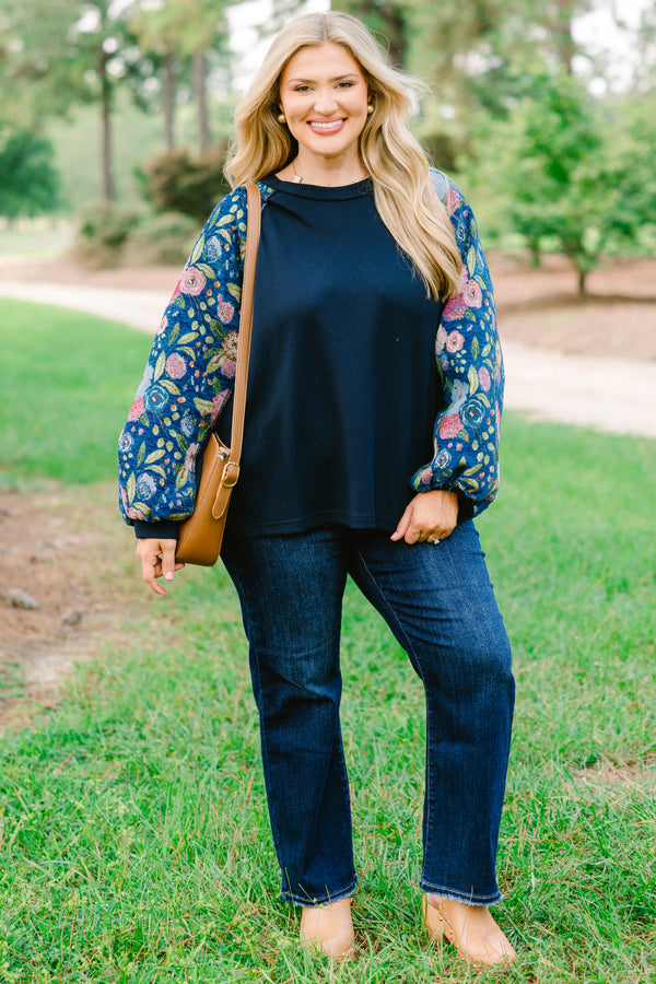 Chic Soul plus size clothing, navy blue long sleeve top with pink, blue, and green floral patterned sleeves