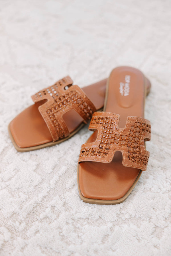 Plus Size brown flat sandals with a square toe and woven H-strap design.