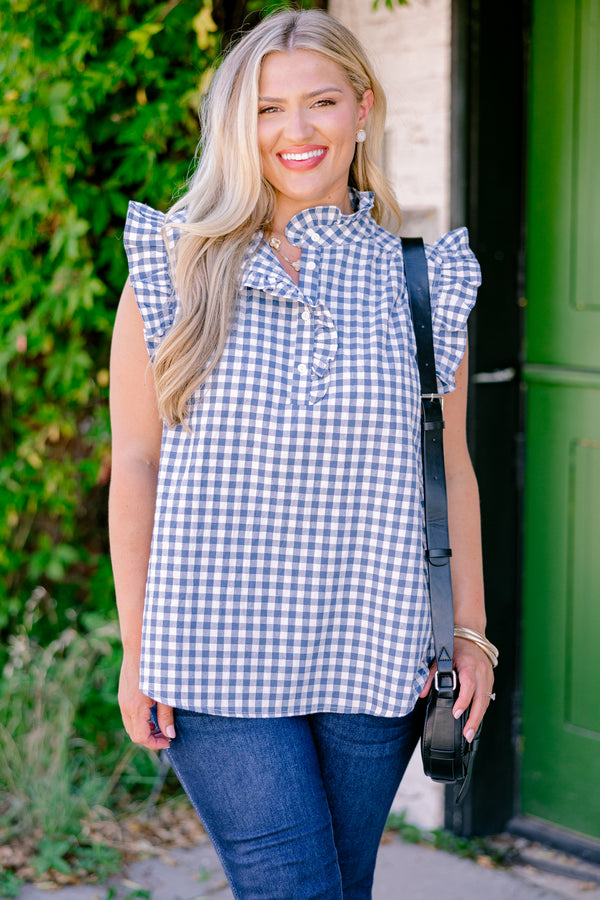 Chic Soul plus size clothing, blue and white gingham short-flutter sleeve half-button-up ruffle collar casual top