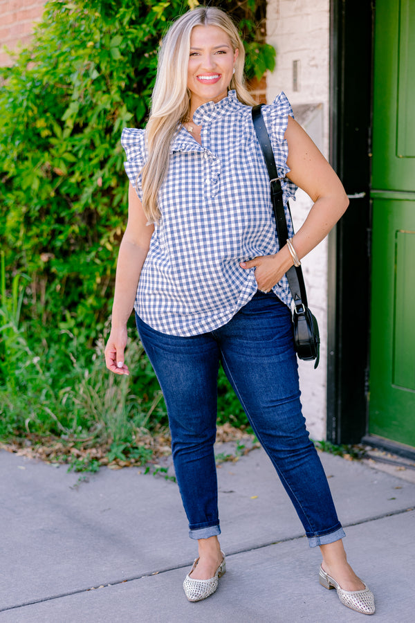 Chic Soul plus size clothing, blue and white gingham short-flutter sleeve half-button-up ruffle collar casual top