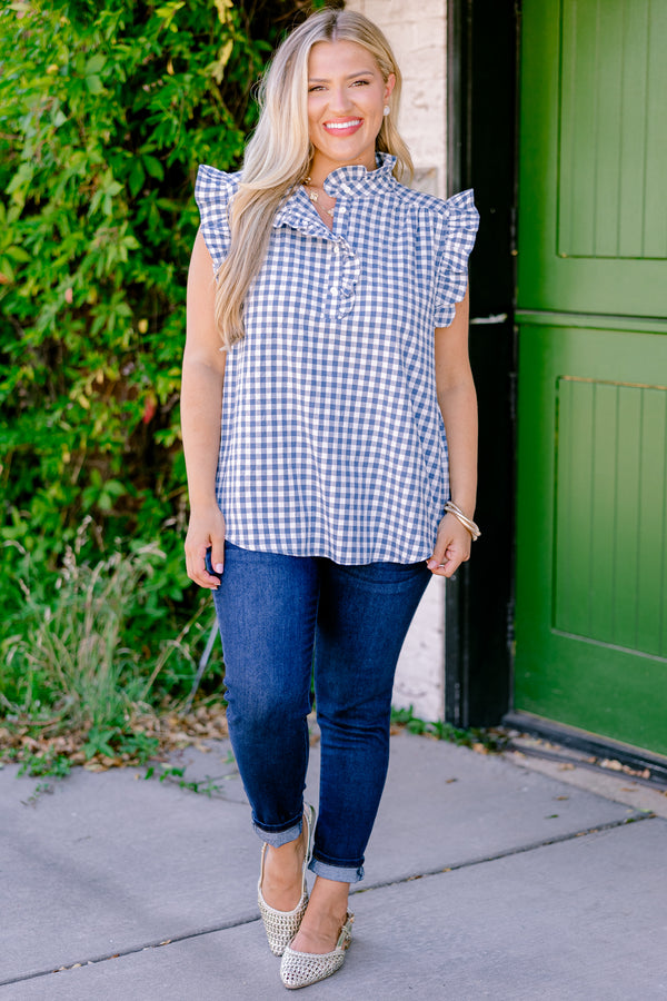 Chic Soul plus size clothing, blue and white gingham short-flutter sleeve half-button-up ruffle collar casual top
