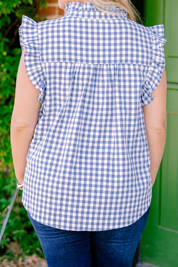 Chic Soul plus size clothing, blue and white gingham short-flutter sleeve half-button-up ruffle collar casual top