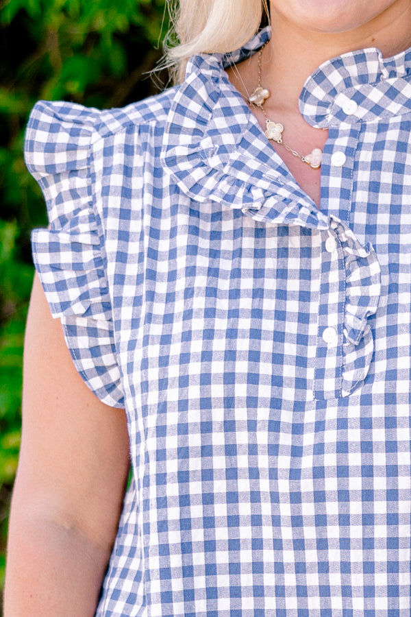 Chic Soul plus size clothing, blue and white gingham short-flutter sleeve half-button-up ruffle collar casual top