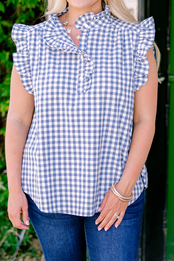 Chic Soul plus size clothing, blue and white gingham short-flutter sleeve half-button-up ruffle collar casual top