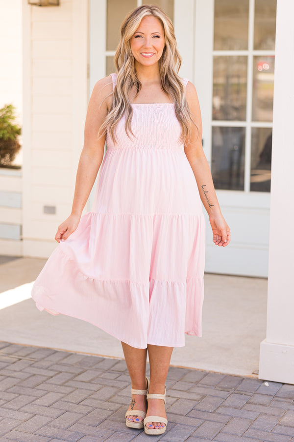 Chic Soul plus size clothing, light pink tiered midi dress with a smocked bodice