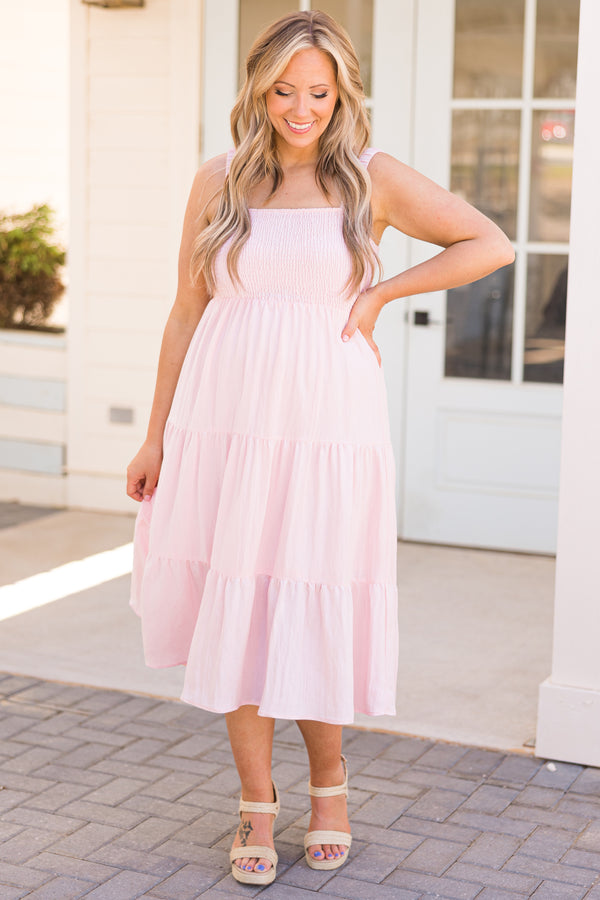 Chic Soul plus size clothing, light pink tiered midi dress with a smocked bodice