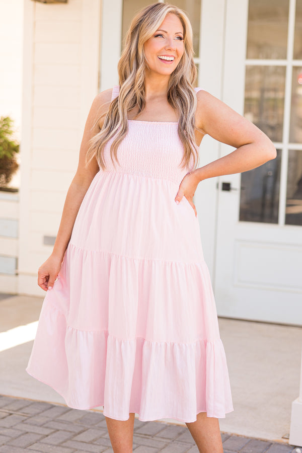 Chic Soul plus size clothing, light pink tiered midi dress with a smocked bodice