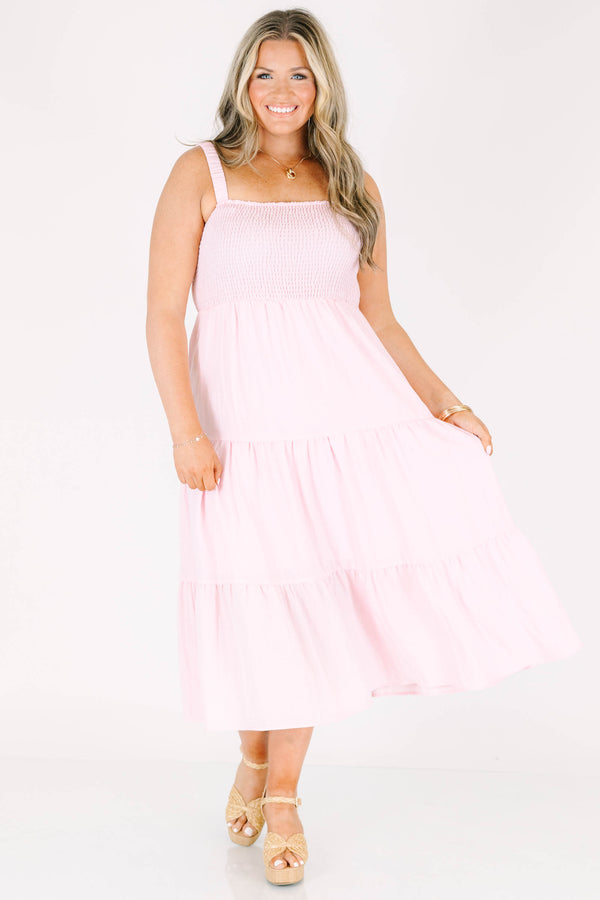 Chic Soul plus size clothing, light pink tiered midi dress with a smocked bodice