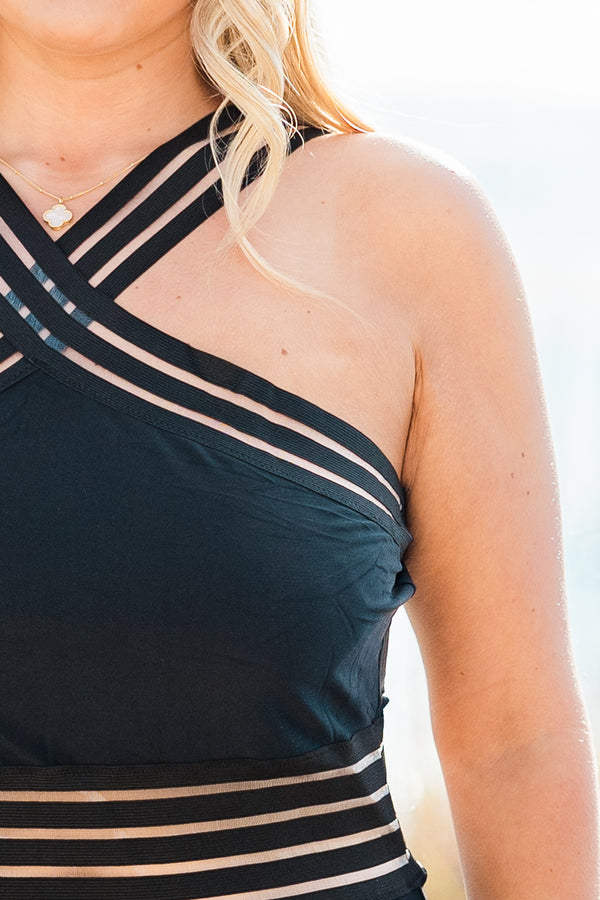 Chic Soul plus size clothing, black halter one piece swimsuit with stripe border detail and along waist