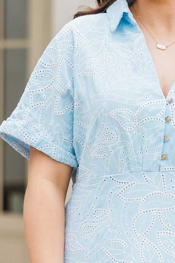 Chic Soul plus size clothing, short sleeve collared blue dress with white eyelet floral pattern