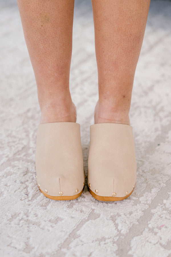 Chic Soul plus size clothing, light tan clogs with stud detailing and wooden soul and block heels 